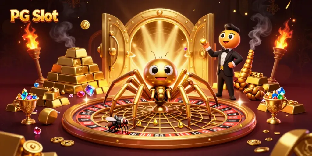 Engage in PG Slot gaming under the watchful eye of a golden spider and centipede croupier.