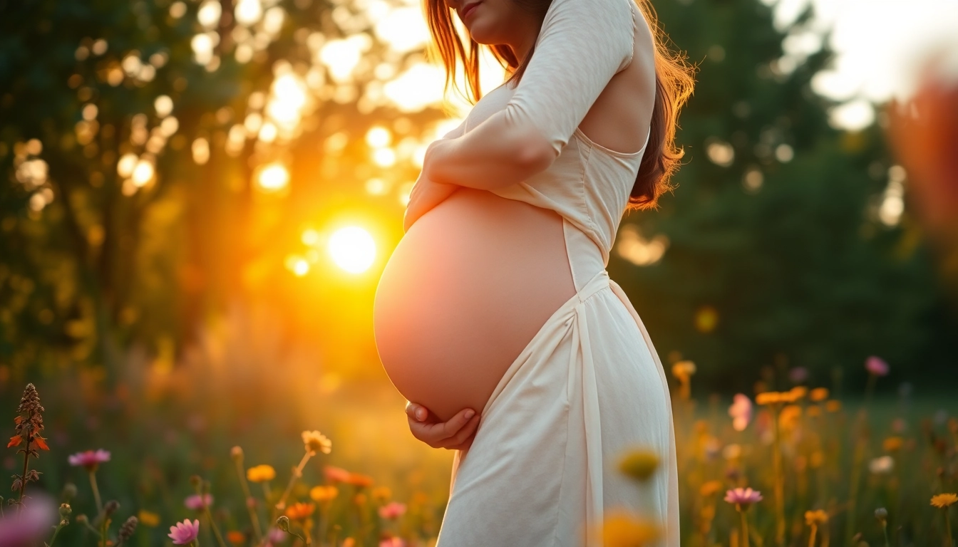 A beautiful maternity photographer capturing a pregnant woman outdoors during sunset, showcasing her baby bump.