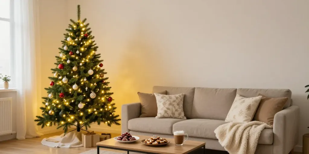 Festively decorated tall skinny Christmas tree in a cozy living room.