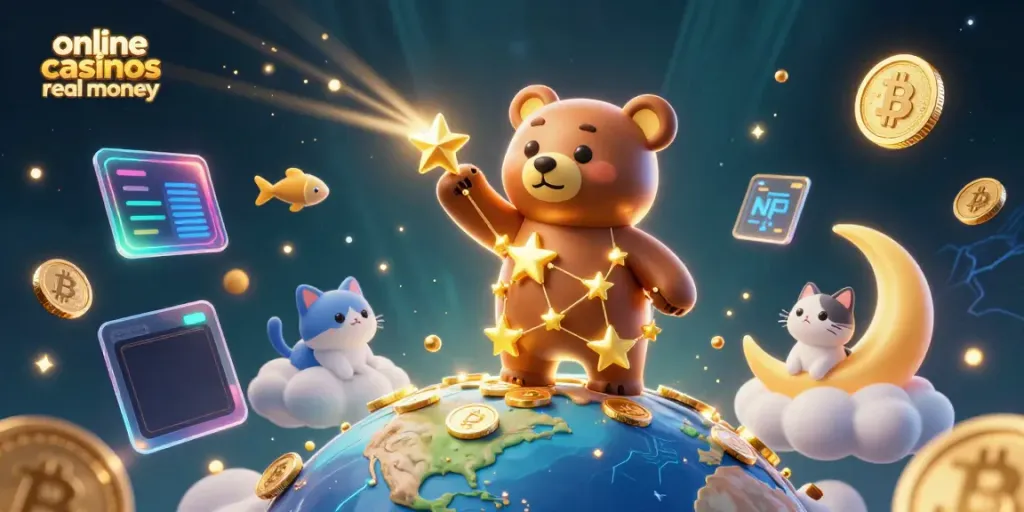 Engaging scene of whimsical characters with online casinos real money elements and cosmic themes.