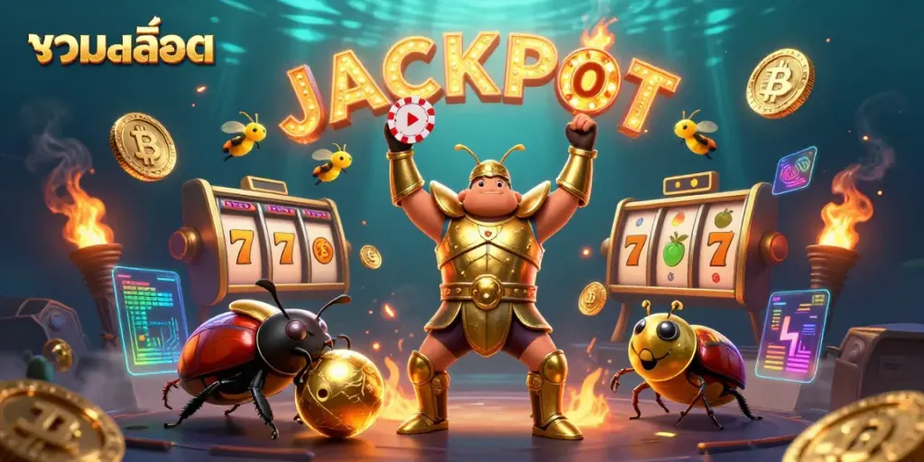 Combine slot reels and jackpots with a vibrant 3D hero scene showing รวมสล็อต in action.
