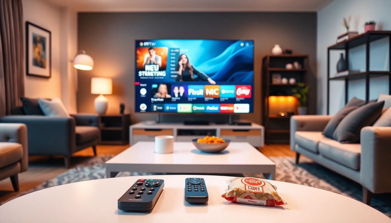Experience FREE IPTV Trial service displayed on a modern TV in a cozy living room environment.