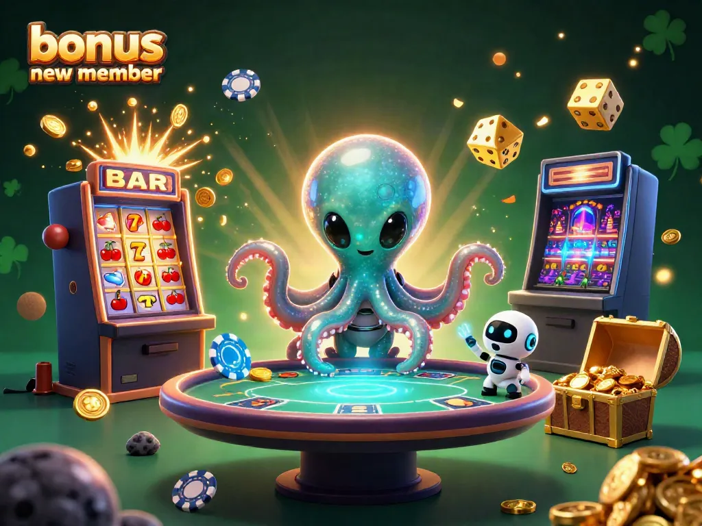 Exciting scene featuring a "bonus new member" promotion with an alien octopus at a holographic poker table amidst chaotic slot symbols and glowing casino elements.