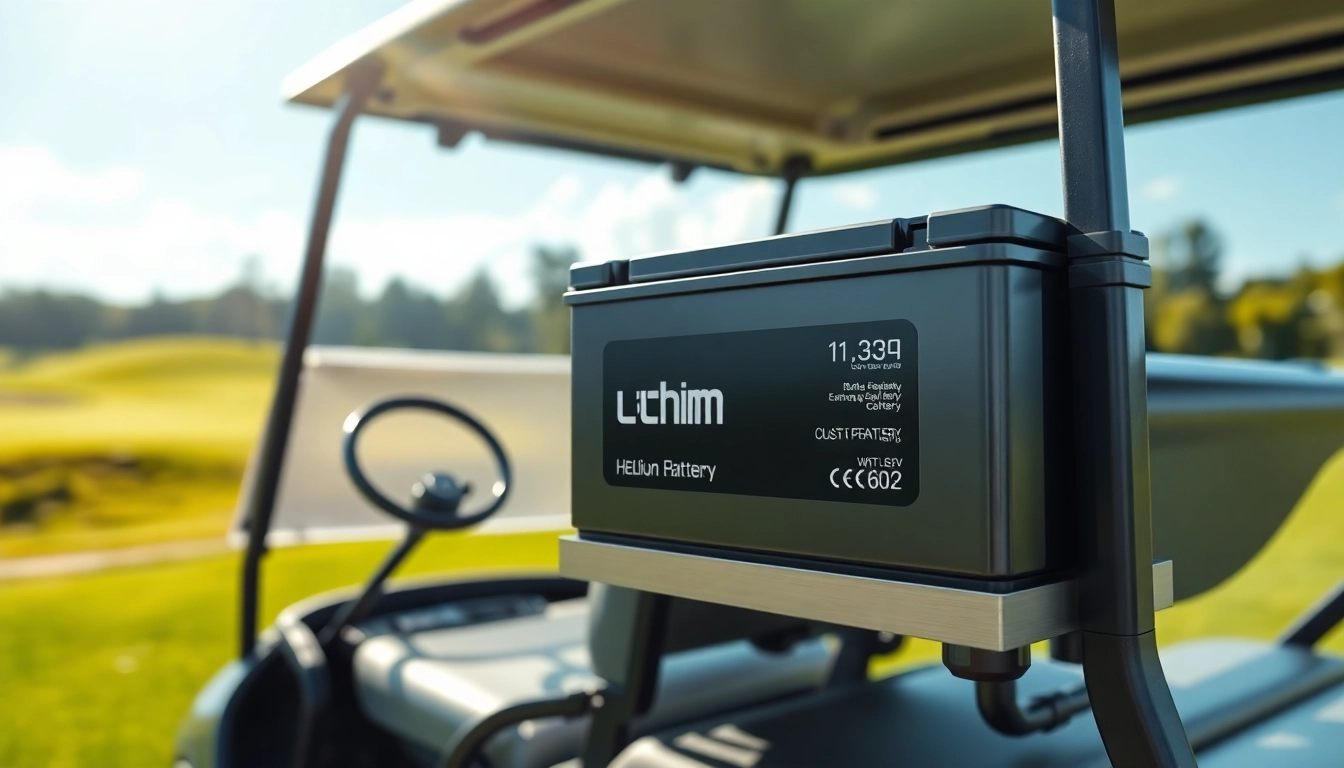 Showcasing lithium golf cart batteries installed in a modern golf cart on a sunny golf course.