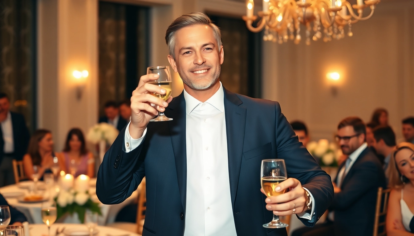 Gentleman confidently giving a toast at a wedding reception, celebrating with guests.